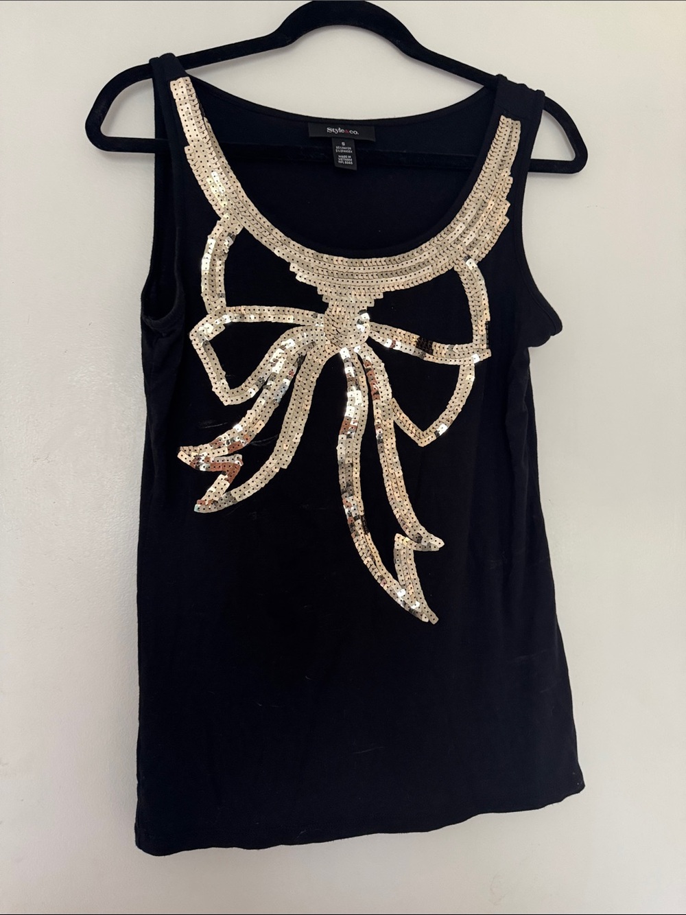 Style & Co. Black Tank with Gold Sequin Bow Accent